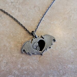 Gothic Bat Pendant Necklace - Black and Silver